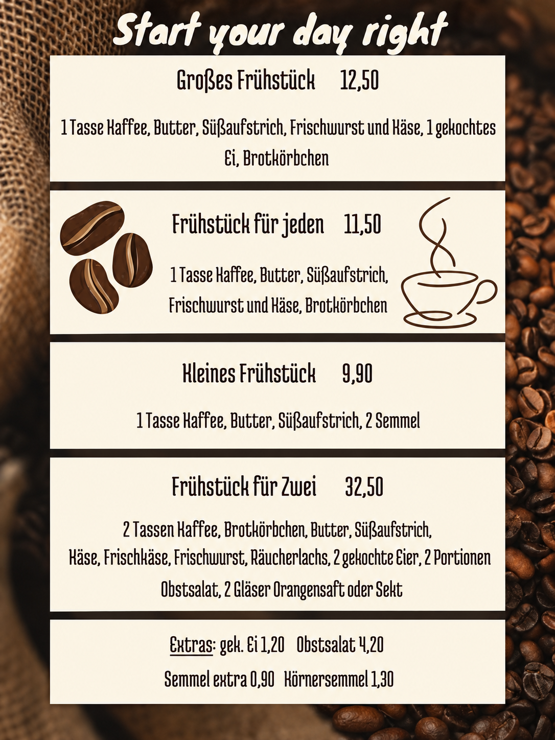 Frühstückskarte: Großes Frühstück, Frühstück für jeden, Kleines Frühstück, Frühstück für Zwei und Extras